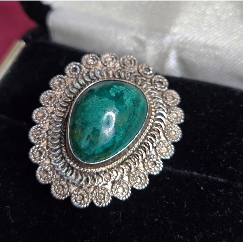 Vintage 925 Sterling Silver‎ Filigree Malachite Cabochon Brooch Pin & Pendant 5G